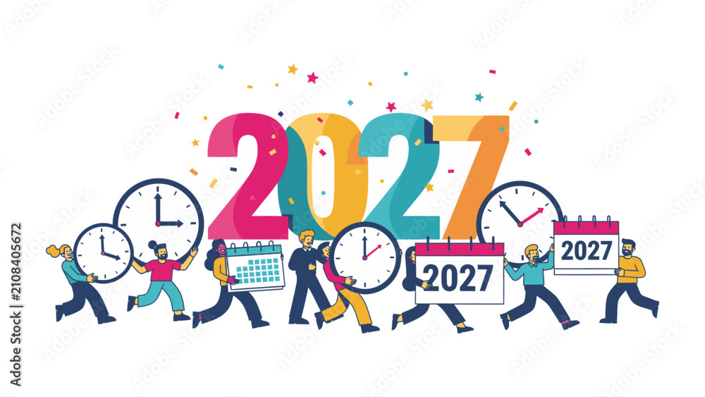 Fototapeta premium 2027 New Year Celebration: People hold clocks and calendars marking the arrival of the new year, 2027, with confetti showering down in a festive scene.