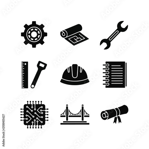 Construction engineering tools and equipment icons.