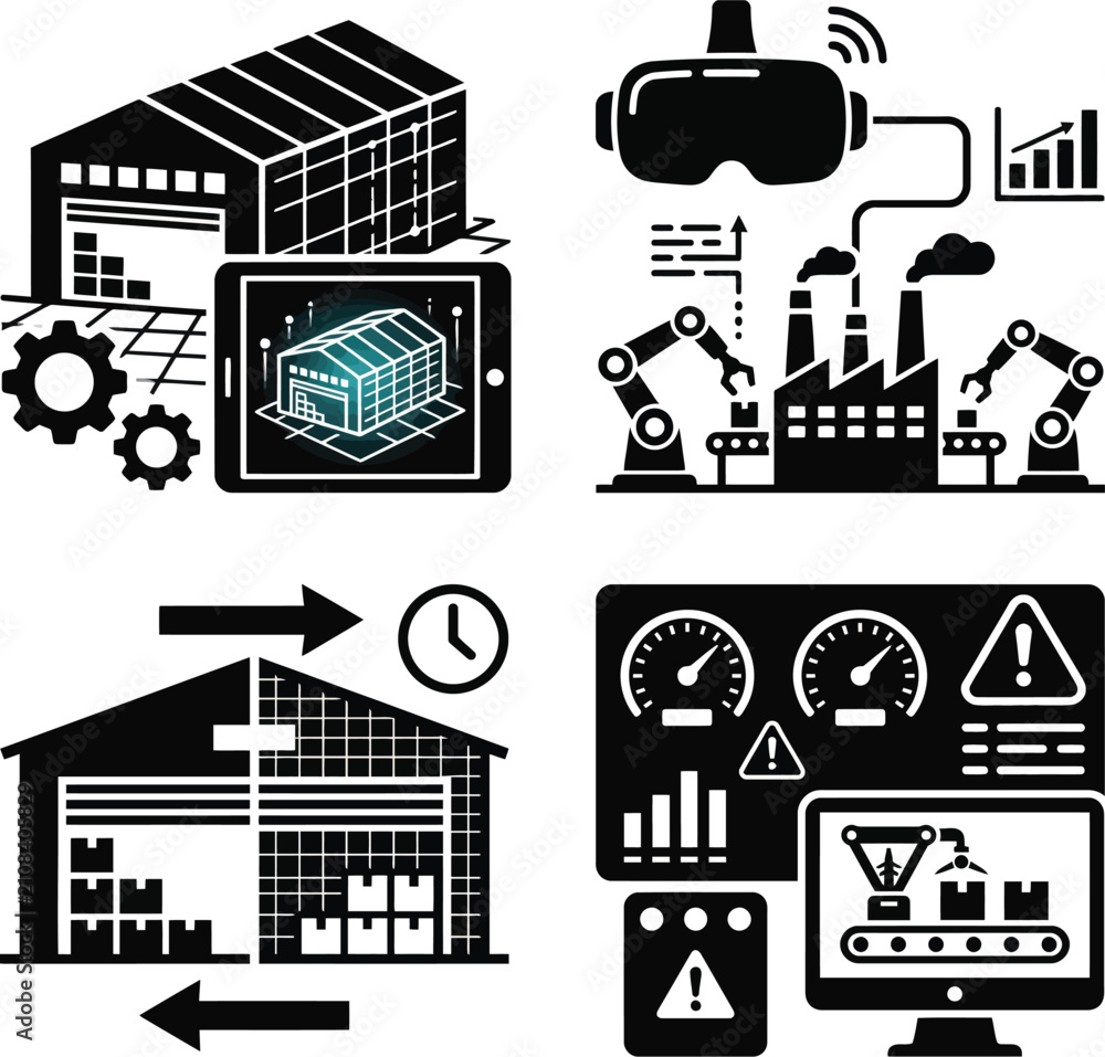 Fototapeta premium Smart factory and warehouse automation icon set featuring digital warehouse management, industrial VR, inventory optimization and production monitoring dashboard isolated on white background