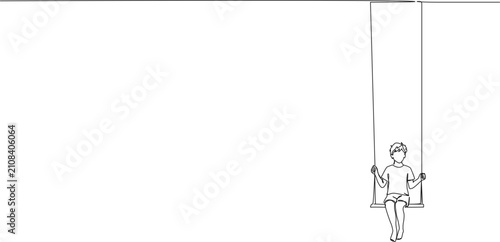 continuous line drawing of young boy on swing, line art vector illustration