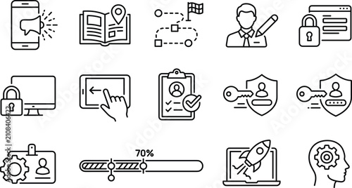 User onboarding registration and secure account setup line icon set with tutorial and product launch symbols