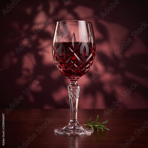 Crystal cut wine glass filled with red wine and rosemary on a mahogany table providing an elegant concept for luxury beverage advertising.