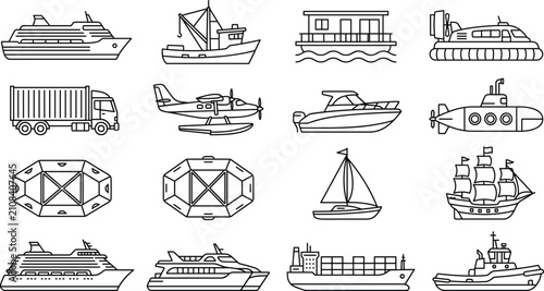 Obraz na płótnie Water transport and marine vessels line icons set with cruise ship cargo boat su