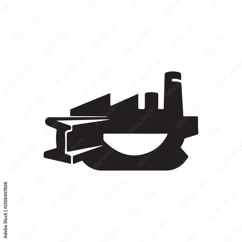 Obraz premium PrintIndustrial factory plant and gear icon, heavy manufacturing skyline with steel I-beam silhouette vector