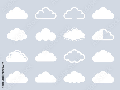 Set of sixteen various white flat cloud icons on a grey background