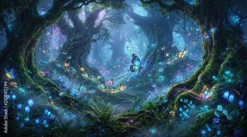 A magical forest scene glows with an ethereal blue light.