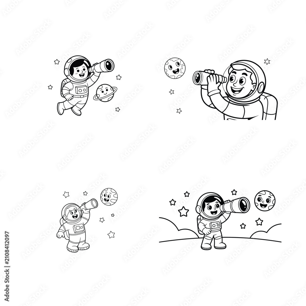 Fototapeta premium Cute Astronaut Exploring Space with Telescope Coloring Page Vector Set for Kids Black and White Outline Illustration