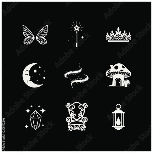 Whimsical Magical Fantasy Line Icons Set.