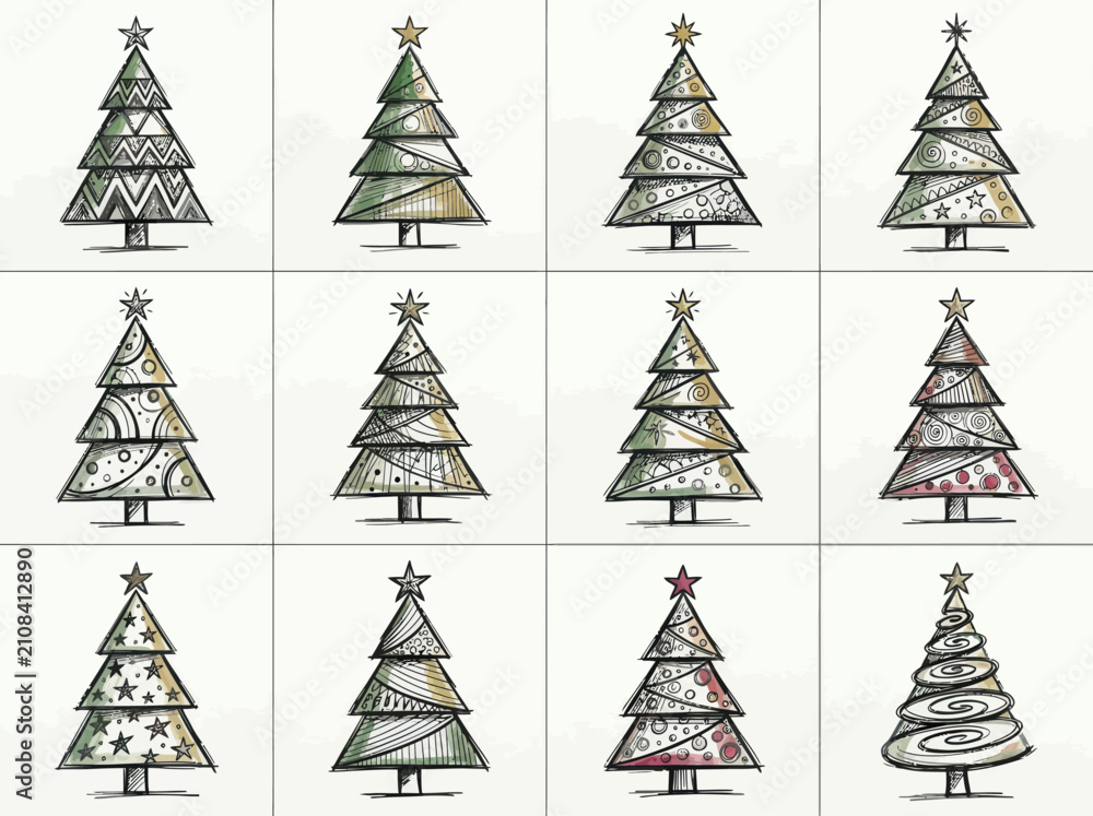 Obraz premium Set of twelve decorative hand drawn Christmas trees with doodle patterns