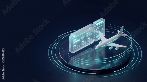 Futuristic airplane and boarding pass on digital tech platform