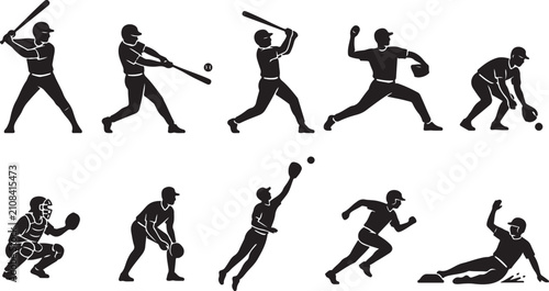 Obraz na płótnie Minimalist Baseball Player Silhouette Vector Icon Set Collection - 10 Modern Spo