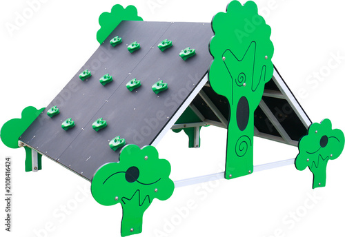 Foto The play set features a tent-like structure with a black climbing wall and green handholds set against a transparent background