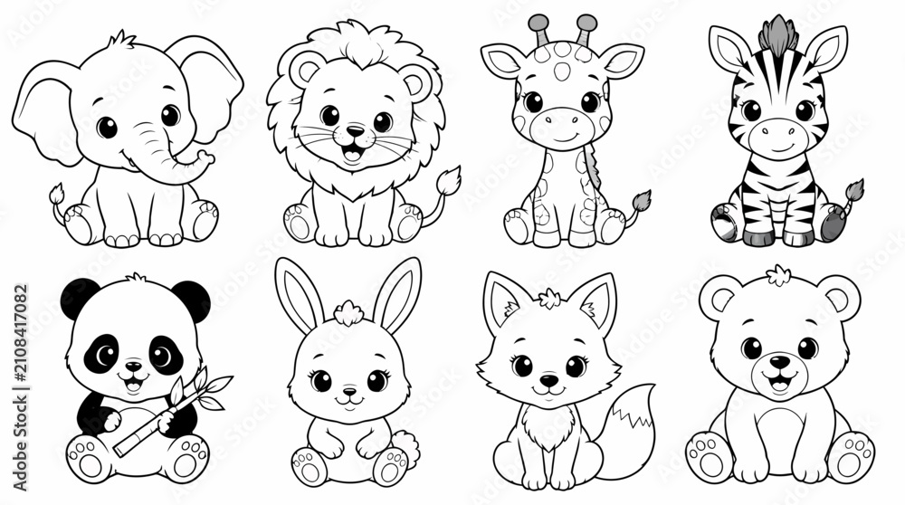Fototapeta premium Group of Cute Baby Animals Coloring Characters in Line Art