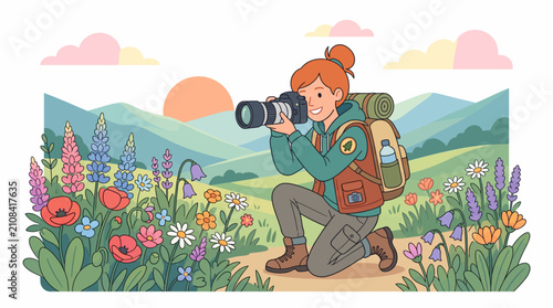 Photographer capturing nature in a vibrant flower field at sunset.