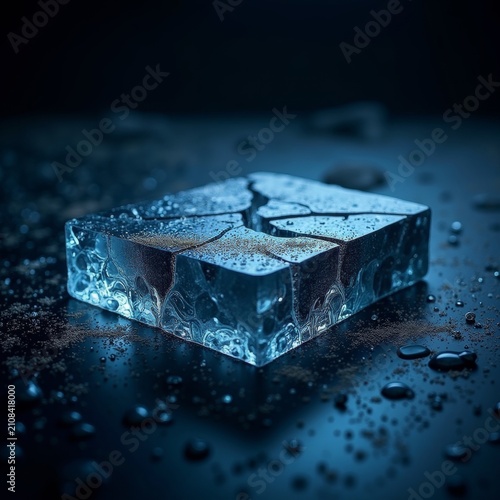 Fractured clear ice block on dark wet surface with scattered particles and water droplets