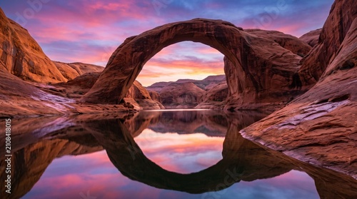 Scenic natural rock arch reflecting in calm water at sunrise. Iconic desert landscape with warm golden light and serene atmosphere for travel and a...