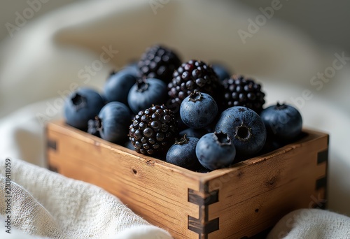 Fresh Blueberries and Blackberries in Rustic Wooden Box