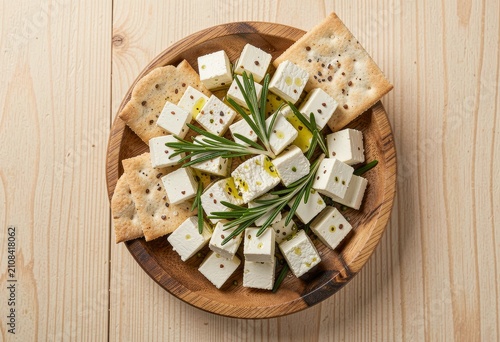 Feta cheese cubes with crackers, fresh rosemary, olive oil and sea salt on wooden plate