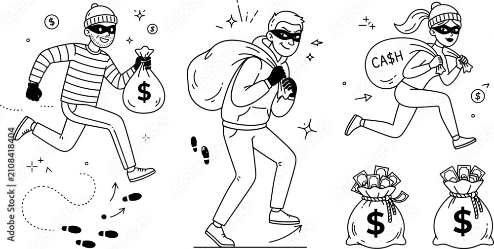 Fototapeta premium Thief and Bank Robber Line Art Vector Set for Crime Protection Graphic Designs
