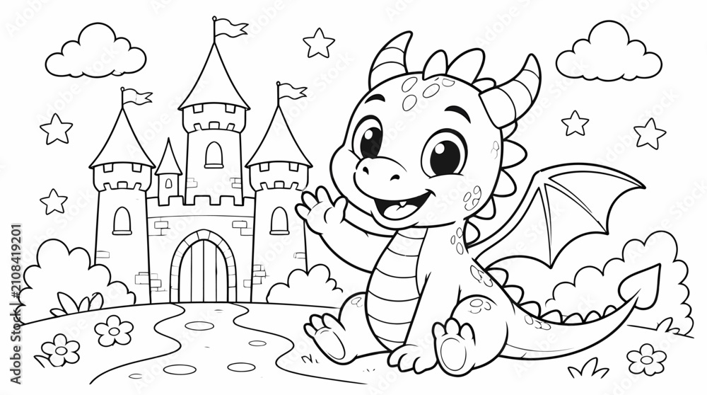 Fototapeta premium Dragon beside Magical Castle in Fantasy Landscape