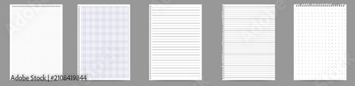 Different types of blank notebook pages are arranged on a gray surface. Pages include grid patterns, lined sheets, and checkered designs. Ideal for writing and organizing notes.