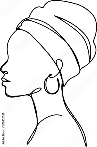 Continuous Line Drawing of African Woman Wearing Traditional Headwrap and Hoop Earrings Vector Illustration