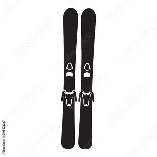 Minimalist black ski silhouette pair isolated against plain white background for winter sports