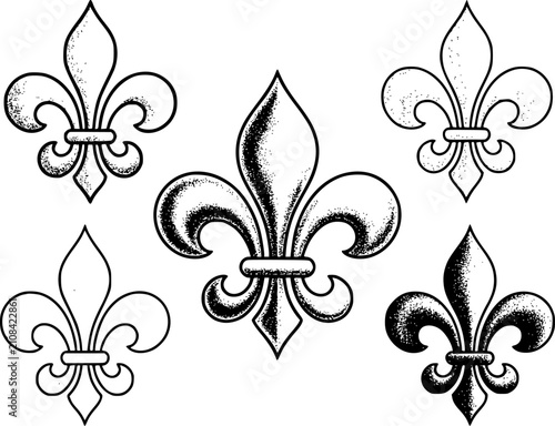 Bild auf Leinwand Una colección de cinco símbolos decorativos de flor de lis con varias tintas neg