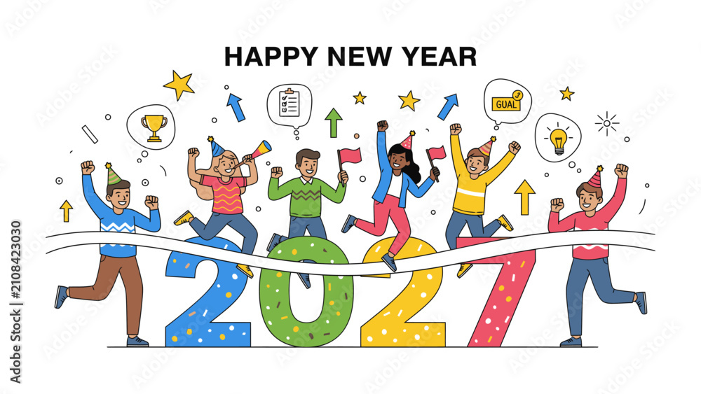 Fototapeta premium Happy New Year 2021 Celebration: A vibrant illustration depicts a diverse group of people joyfully jumping over the numbers '2021', celebrating the arrival of the new year with festive hats, confetti.