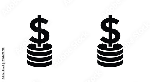 Dollar sign atop stacked coins black silhouette on white background