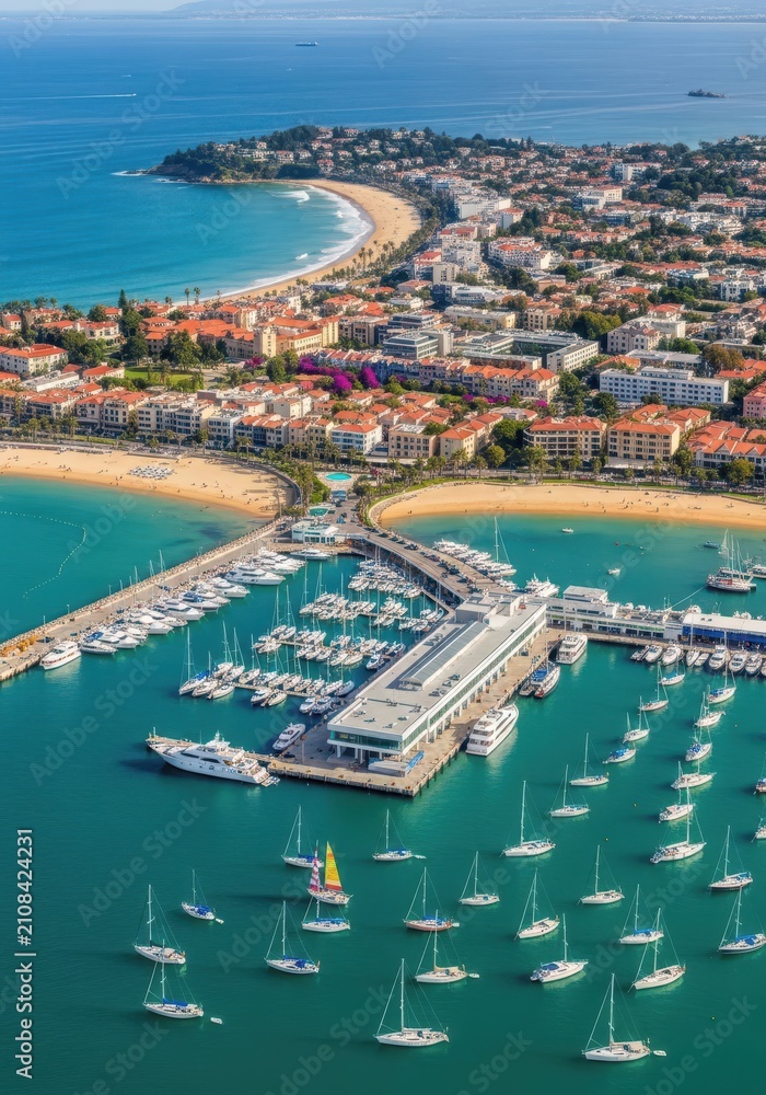 Fototapeta premium Aerial View of Cascais Marina and Coastal Town with Beautiful Sandy Beaches and Turquoise Sea in Portugal