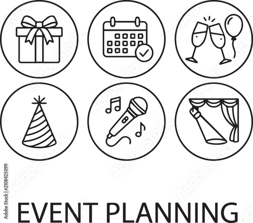 Event planning line icons set in circle frames, gift box, calendar schedule, champagne toast with balloon, party hat, karaoke microphone with music notes, and stage spotlight curtain vector illustrati