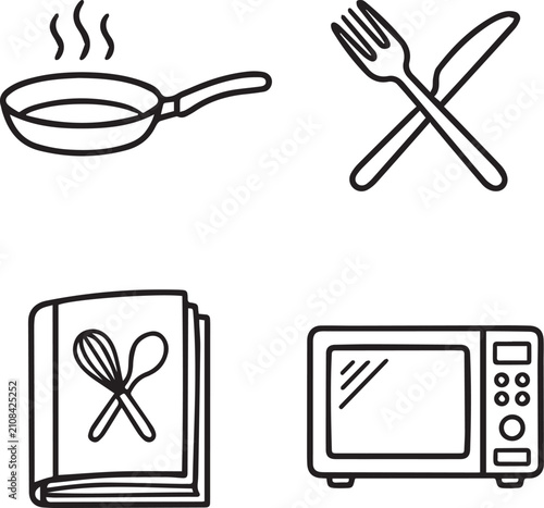 Cooking and kitchen line icons set, hot frying pan, crossed fork and knife, recipe cookbook, and microwave oven vector illustration