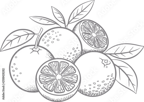 Foto Línea estilizada de naranjas con hojas y rodajas
