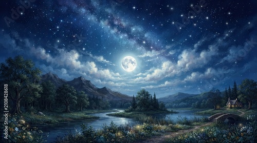 A luminous full moon dominates a dark, starry night sky above a serene landscape.
