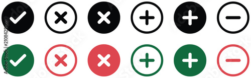 Photos Plus minus check mark and close buttons representing approval rejection OK status and interface control symbols, vector design