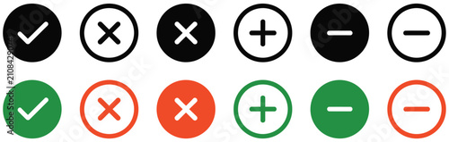 Konstfotografi Plus minus check mark and close buttons featuring approved disapproved OK and red X symbols for interface controls, vector design