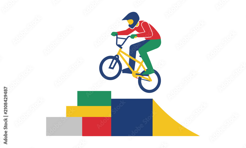 Obraz premium Dynamic BMX rider in mid-air over a stylized ramp, depicted with bold flat colors, isolated on white. Extreme sport concept