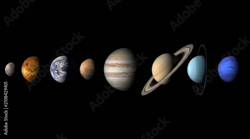 A stylized illustration depicts the planets of our solar system arranged in order from Mercury to Neptune.
