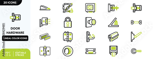 Security Door Components set. Deadbolt, latch, hinge, security bar, peephole, chain lock. Editable stroke. Vector illustration. Editable stroke. Vector illustration.