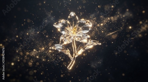 A luminous, crystal lily blossom floats against a dark, blurred background of golden sparkles.