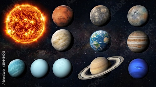 The image depicts a vibrant illustration of our solar system.