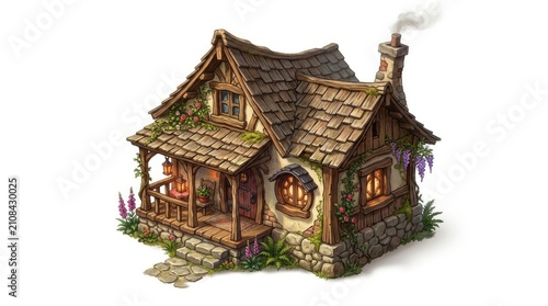 A charming, detailed illustration of a quaint, rustic cottage.