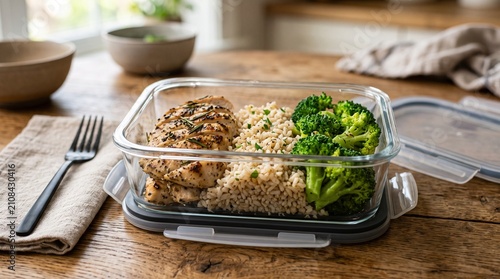 Healthy meal prep container with grilled chicken breast brown rice and fresh steamed broccoli on wooden table