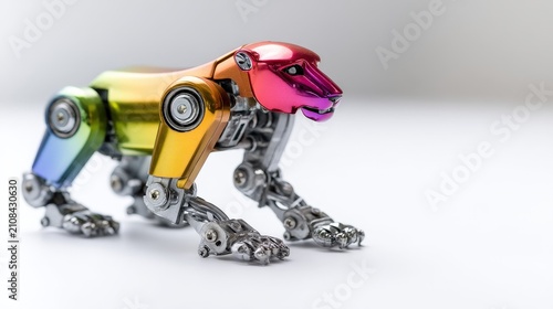 Futuristic robotic animal figure resembling a lion with colorful metallic parts