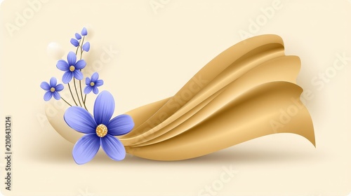 Elegant blue flowers with flowing beige ribbon on soft beige background