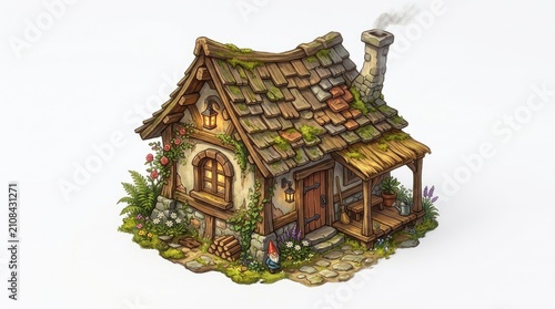 A charming, whimsical cottage sits nestled amidst lush greenery.