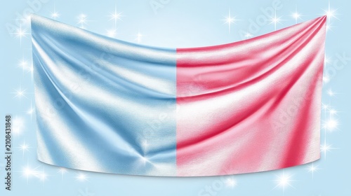 Draped Red and Blue Fabric Curtain with Sparkling Star Effect Background