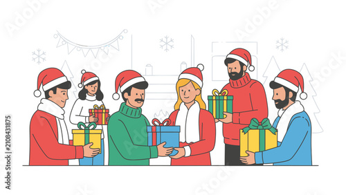 Christmas Gift Exchange: A cheerful group of people, adorned with Santa hats and festive scarfs, exchange wrapped presents in a heartwarming holiday celebration.