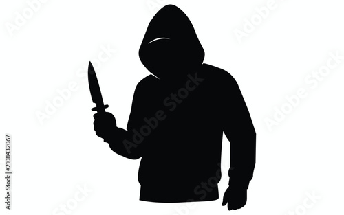 Bild auf Leinwand Minimal hooded attacker holding knife silhouette isolated on white background fo